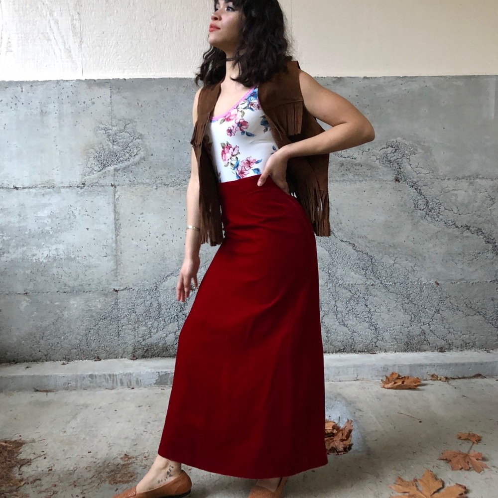 Red Vintage Velvet Maxi Skirt
